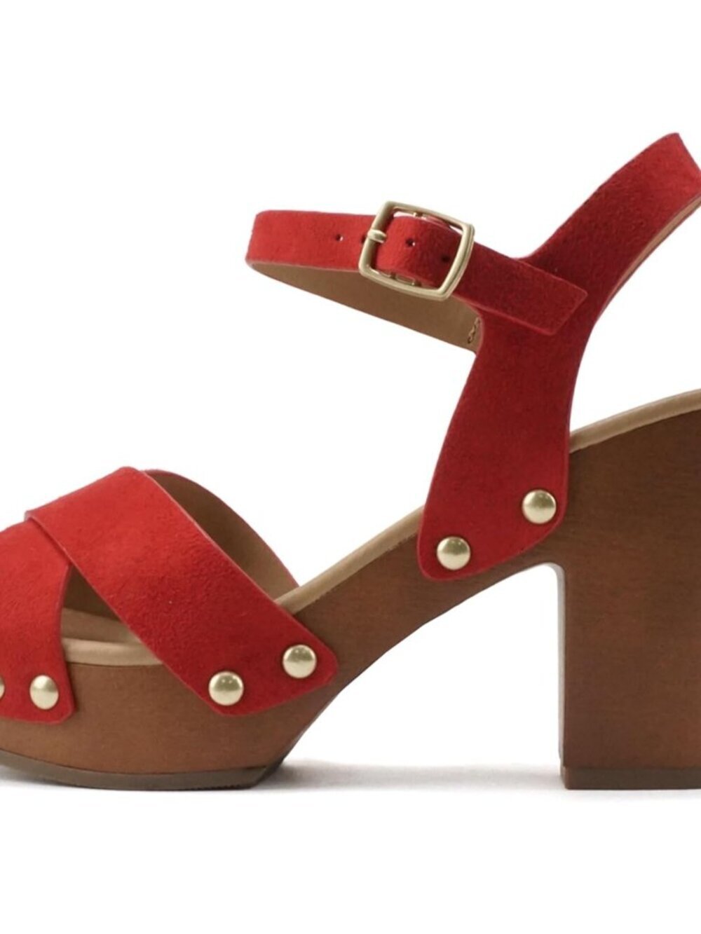 Women's Red Suede Fashion Chunky Platform Block Mid Heel Sandal With Ankle Strap